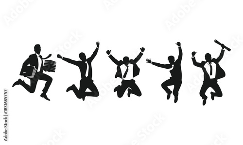 Silhouettes of five businessmen jumping in the air with joy and excitement.