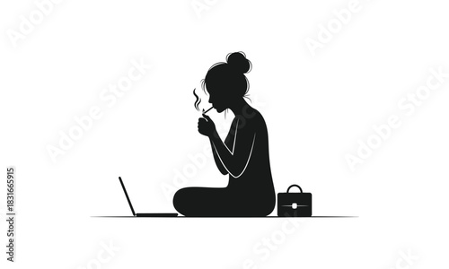 Silhouette of a woman sitting cross-legged, smoking while working on a laptop.