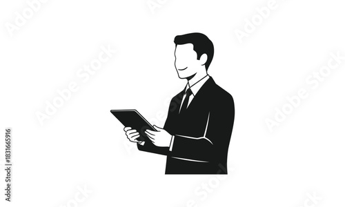 Illustration of a businessman in a suit holding a tablet device, faceless, in black and white.