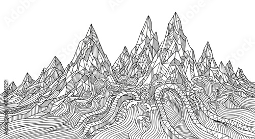 Abstract line art depicting a mountainous landscape with flowing waves in the foreground