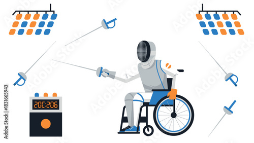 Wheelchair fencing competition scene with fencer in action and equipment in sport arena