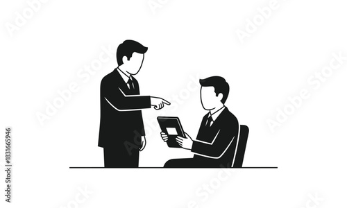 Illustration of a manager pointing at a seated employee's tablet screen.