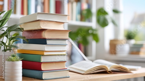 Work place table with stacks of real books on it and modern lap top, pen and textbook lying near on a white background.