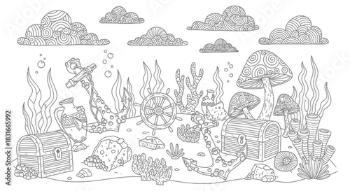 Underwater treasure scene featuring chests, coral, and mushrooms with clouds above