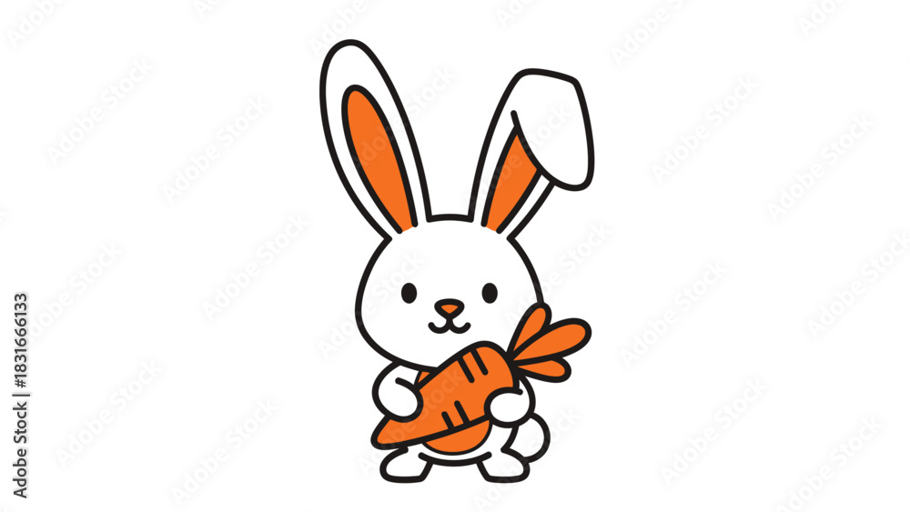 Obraz premium Cute cartoon rabbit holding a bright orange carrot in a simple white background