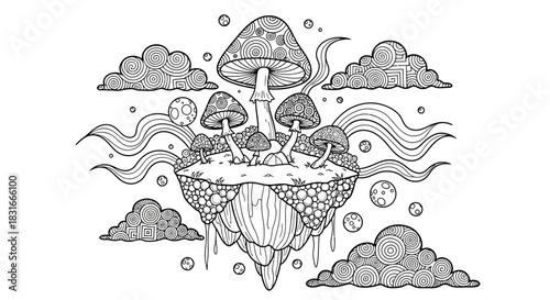 Whimsical floating island with mushrooms and clouds, showcasing a surreal landscape in a dreamlike setting