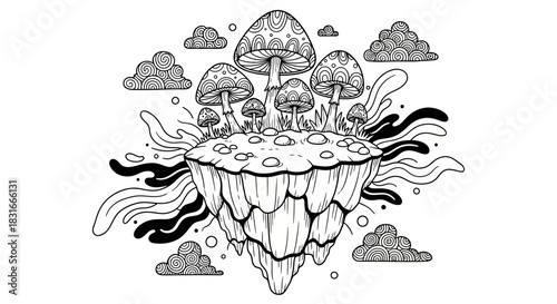 A whimsical illustration of mushrooms growing on a floating island surrounded by clouds