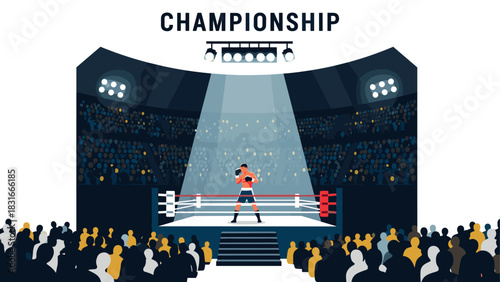 Boxing championship event in packed arena with spectators under spotlight