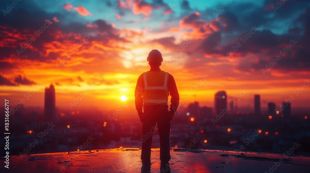 Fototapeta premium A silhouetted construction worker observes a vibrant sunset over a cityscape, representing accomplishment and the conclusion of a workday. Symbolizes progress and urban development.