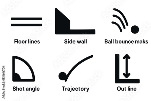 Minimalist icons for floor lines, side wall, ball bounce, shot angle, trajectory, outline