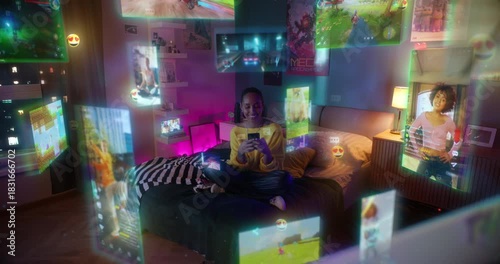 Woman Relaxes on Bed Using Smartphone. Social Media Content, Livestreams, Video Call Graphics Float, Visualizing Immersive Digital Communication, Influencer Culture, Augmented Reality Entertainment