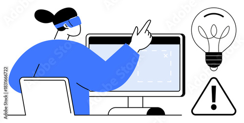 Individual in VR headset interacting with computer screen, lightbulb and warning sign nearby. Ideal for technology, innovation, problem-solving, creativity, virtual experience, futuristic visions