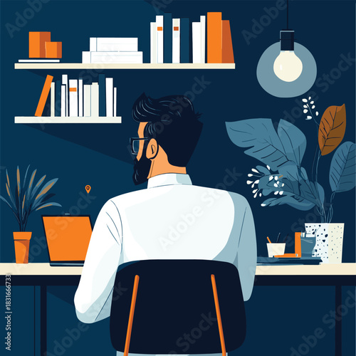 Man contemplating higher education and career advancement while working at his desk , vector style simple color