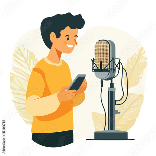 Podcasting and audio recording concept with a man using a smartphone near a studio microphone , vector style simple color