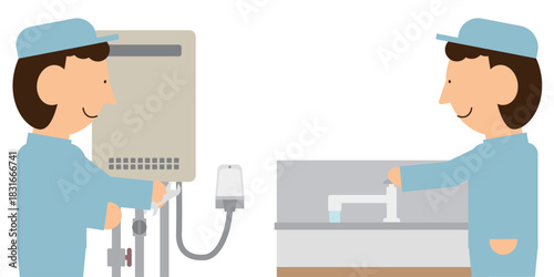 給湯器の水抜き作業を行っている作業員の人のイメージ素材
