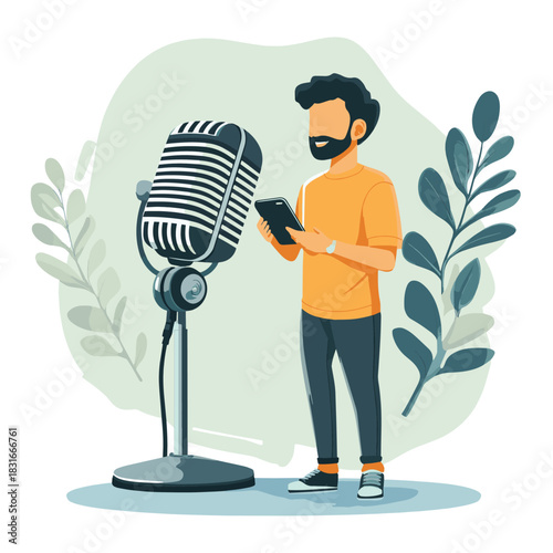 Podcasting and audio recording concept with a man using a smartphone near a studio microphone , vector style simple color