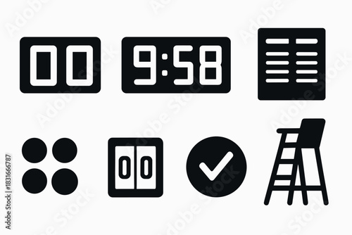 Minimalist sports icon set featuring stopwatch, scoreboard, checklist for modern design and branding