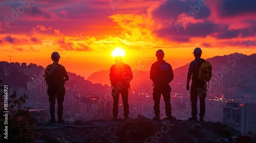 Silhouetted figures stand on a hilltop overlooking a cityscape at sunset. Warm colors dominate the scene, creating a serene and dramatic atmosphere.