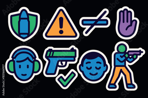Vibrant safety icons set featuring symbols for protection, caution, and precautionary measures
