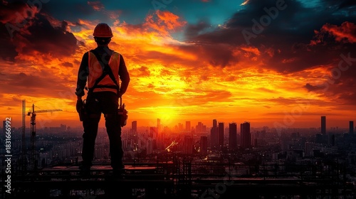 A striking silhouette of a construction worker is framed by a vibrant, fiery sunset over a modern urban skyline. Represents hard work, ambition, and the beauty of industry.