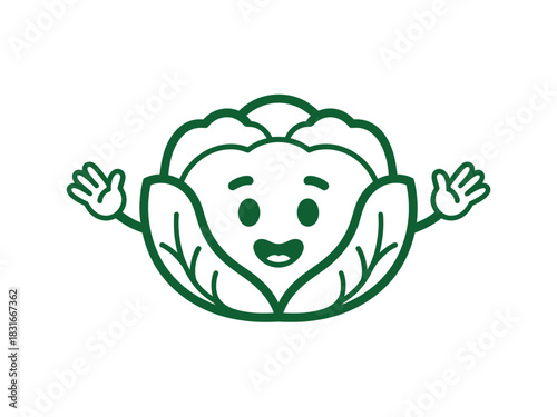 A cheerful cartoon cauliflower with its arms spread wide in a welcoming gesture is depicted against a white background.