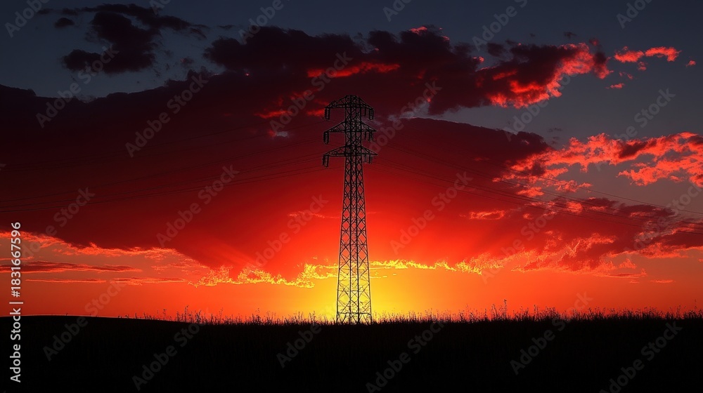 Naklejka premium A dramatic silhouette of an electricity pylon is set against a vibrant, fiery sunset sky, evoking a sense of power and beauty.