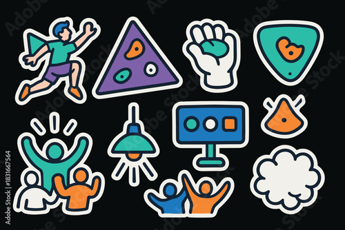 Vibrant bouldering icon set for climbing enthusiasts and outdoor activities design