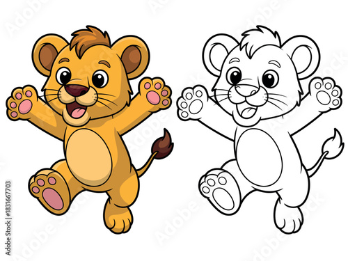 Two cartoon lion cubs, one colored and one outlined, are depicted with open arms and a joyful expression in this illustration.