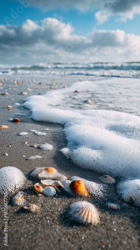 White sandy beach with drifting sea foam and shells in foreground, calming cinematic scene