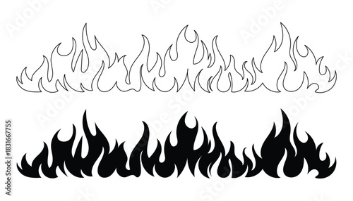 Set of Two Fire Flame Border Silhouette Vector Illustration Design