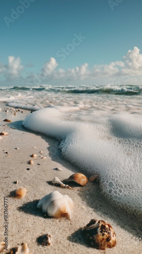 White sandy beach with drifting sea foam and shells in foreground, calming cinematic scene