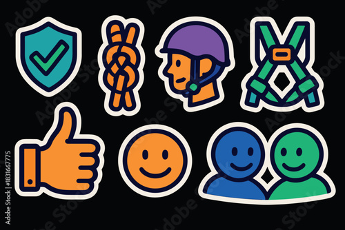 Safety icons set featuring helmet, shield, climbing harness, and smiley faces for safety awareness design