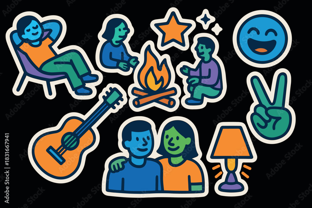 Fototapeta premium Vibrant camping icons collection featuring campfire, guitar, and leisure activities for outdoor enthusiasts