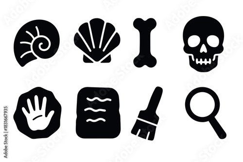 Archaeology icon set featuring fossils, tools, and ancient artifacts for educational and design use