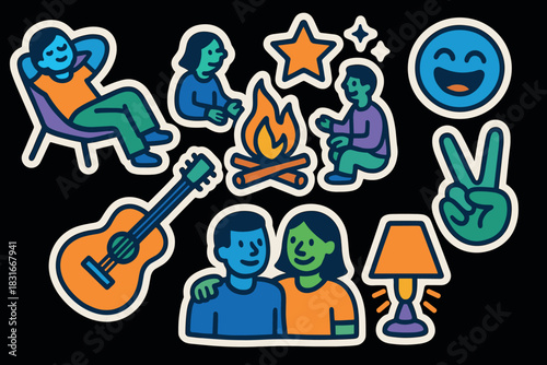 Vibrant camping icons collection featuring campfire, guitar, and leisure activities for outdoor enthusiasts