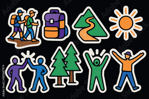 Colorful hiking and nature icons for adventure enthusiasts and outdoor-themed designs