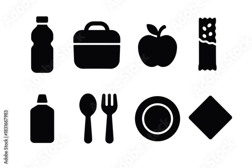 Minimalist vector icons set featuring food and beverage essentials for convenience and design projects