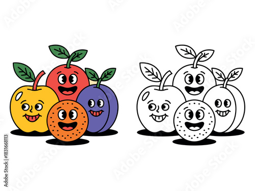 A group of cartoon fruits with happy faces are shown in color and black and white for coloring purposes.