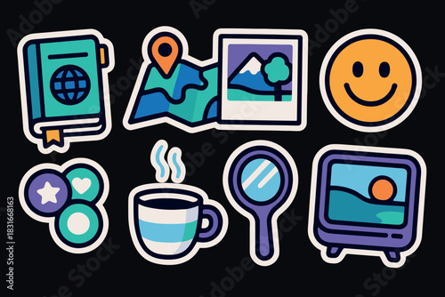 Vibrant travel sticker collection with maps, smiley face, and more for scrapbooking and decoration