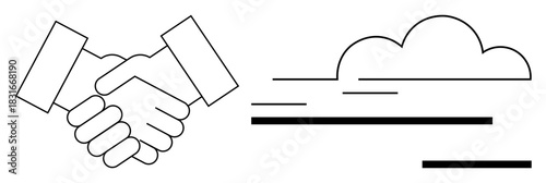 Handshake symbol of agreement beside cloud representing connection, networking, or modern storage. Ideal for business, partnership, teamwork, data sharing, cloud computing, technology simple flat