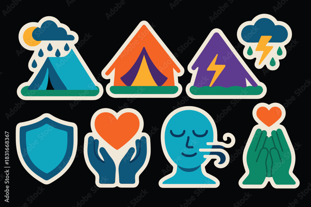 Obraz premium Cozy tent and nature icons collection for relaxation and wellness design