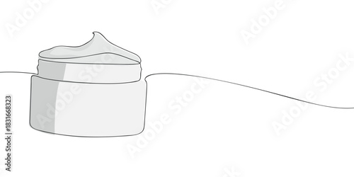 A minimal line drawing of an open cosmetic jar filled with cream, showing smooth texture and a simple, clean container design.