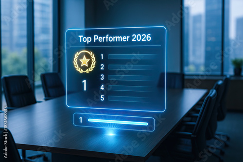 Top performer 2026 holographic leaderboard display in corporate meeting room showing ranking, award emblem, and progress bar with modern office background