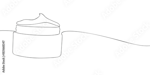 A minimal line art illustration of an open cosmetic jar filled with cream, showing a soft swirl of product on top.