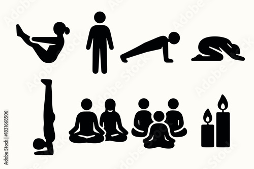 Minimalist yoga icon set featuring poses and meditation elements for wellness design