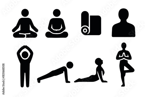 Minimalist yoga poses icons set for wellness and fitness design projects