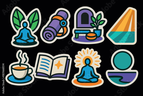 Vibrant yoga icons set with meditation and wellness elements for design and print