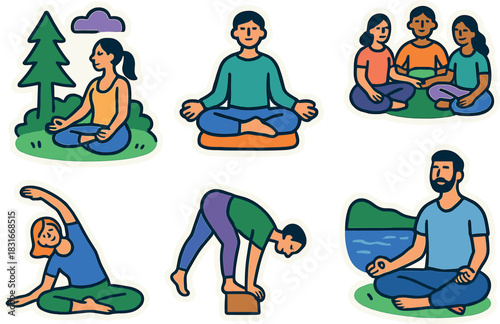 Colorful yoga icons collection featuring diverse poses and meditative scenes for wellness design