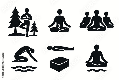 Minimalist yoga icons set featuring meditation and pose illustrations for wellness design