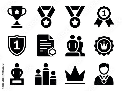 A collection of black silhouette icons represents awards, achievements, and victory symbols in a clean, graphic layout.